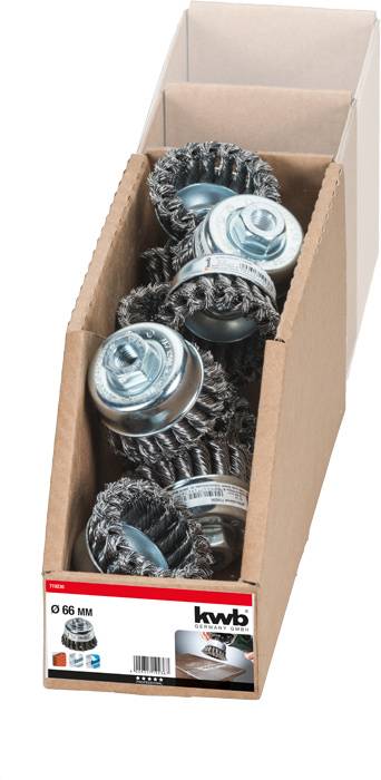 Kartónový kontajner s piatimi okrúhlymi drôtenými kefami, každá upevnená s kovovým kotúčom. Etiketa zobrazuje značku a veľkosť 'Ø 66 MM'.