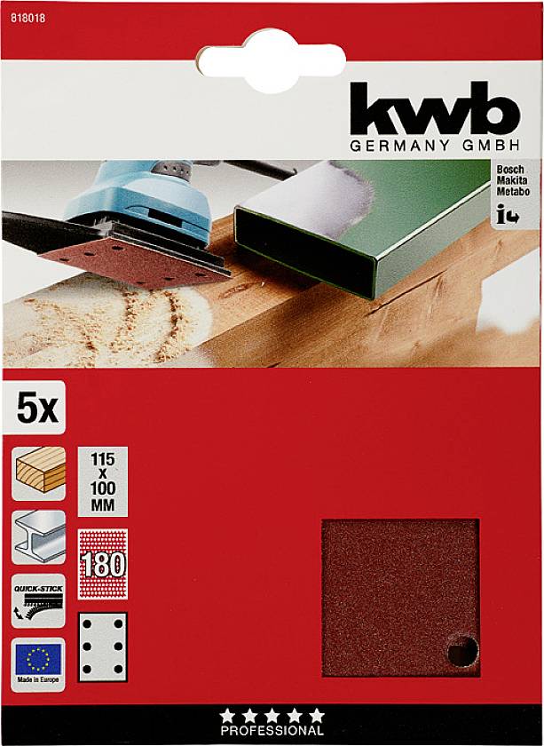Balenie brúsneho papiera s 5 listami, rozmer 115x100 mm, zrnitosť 180. Značka 'kwb Germany GmbH'. Vhodné pre Bosch, Makita, Metabo.