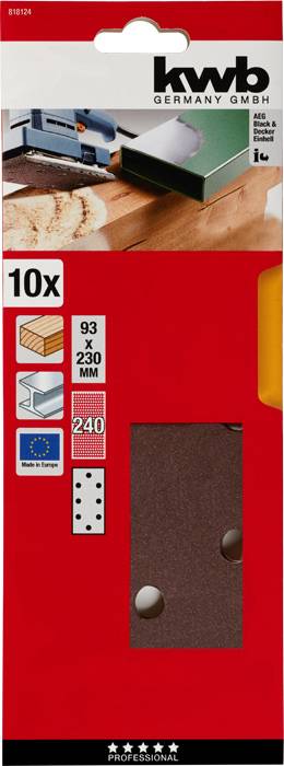 Brúsny papier značky kwb, vhodný pre vibračnú brúsku, 10 kusov, 93 x 230 mm, zrnitosť 240, obrázok znázorňuje použitie.