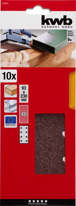 'Kwb brúsne listy, 10 kusov, 93 x 230 mm, na drevo, farbu, plast. Obrázok brúsneho papiera a priamočiarej píly na obale.'