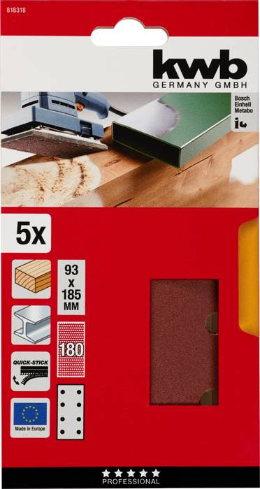 Balenie brúsneho papiera, 5 kusov, 93 x 185 mm, vhodné pre drevo a kov. Obsahuje ilustrácie použitia a informácie o výrobe v Európe.