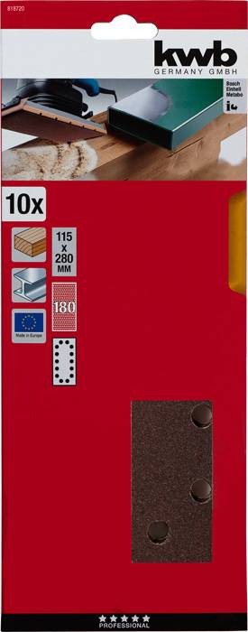 KWB brúsne listy, 10 kusov, 115 x 280 mm, zrnitosť 180, vhodné na drevo a kov, ilustrácia so brúskou a dreveným stolom.
