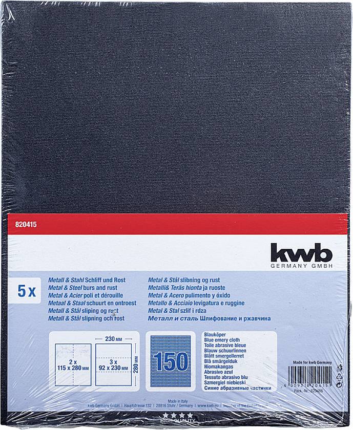 Balenie brúsneho papiera značky 'kwb', obsahuje 5 listov na kov a oceľ, zrnitosť 150, rozmery 230x280 mm, katalógové číslo 6204115.