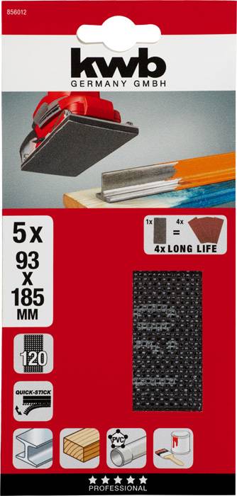 Sada brúsneho papiera: 5 kusov, 93 x 185 mm, zrnitosť 120, vhodná na drevo, farbu, kov. Zobrazuje ruku s brúsnym blokom.