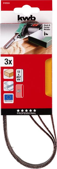 'Kwb brúsny pásový set, 3 kusy, pre pásovú brúsku. Rozmery: 13 x 457 mm. Vhodné pre drevo a kov. Zrnitosť: 40. Vyrobené v EÚ.'