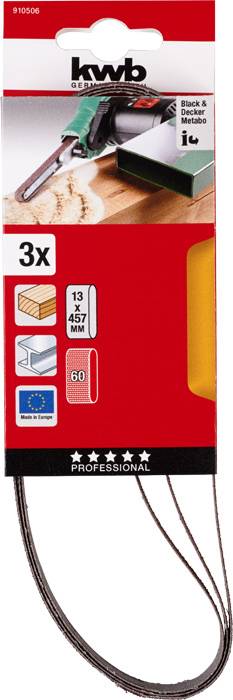 Balenie brúsnych pásov, zobrazuje veľkosť '13 x 457 mm', zrnitosť 60, s obrázkami pre drevo a kov, obsahuje tri kusy.