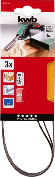 KWB sada 3 brúsnych pásov, 13x457 mm, vhodná na drevo aj kov.