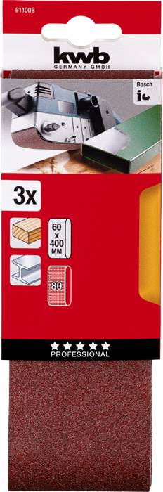 Brúsny papier - sada, 3 kusy, rozmery: 60 x 400 mm, zrnitosť: 80. Vhodný pre elektrické náradie. Obrázok brúsneho zariadenia hore.