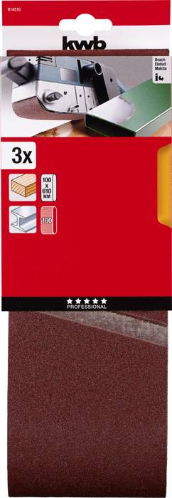 Balenie troch brúsnych pásov pre pásovú brúsku. Vhodné na drevo a kov. Obsahuje zrnitosti od 100 do 150. Obrázok produktu hore.