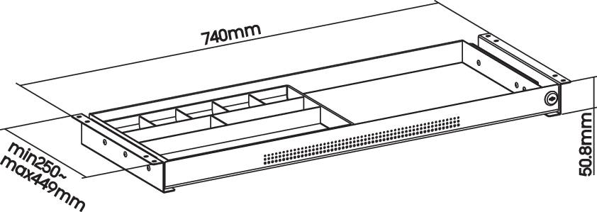 Izometrický nákres obdĺžnikového priestoru. Rozmery: 1497 mm dĺžka, 360 mm šírka, 50,25 mm výška. Obsahuje päť rovnomerných priečinkov.