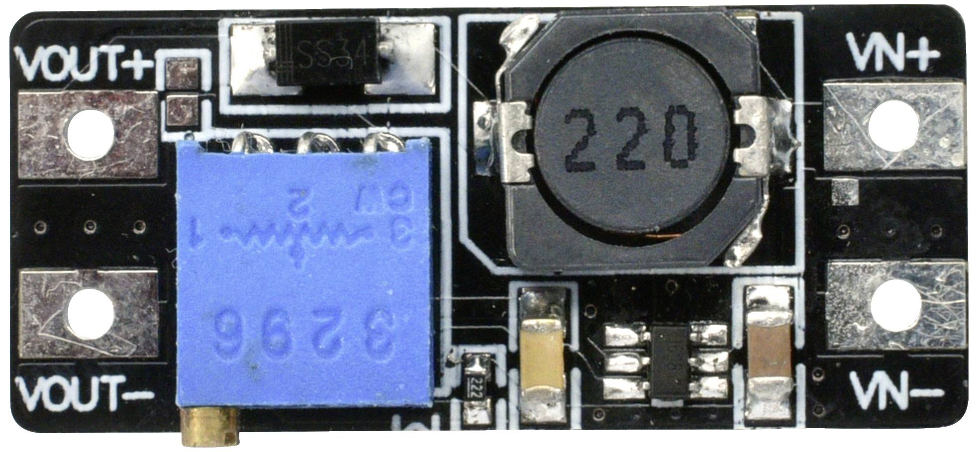 Čierny elektronický modul s modrým potenciometrom, cievkou a svorkami, označený ako 'VOUT+', 'VOUT-', 'VN+' a 'VN-'.