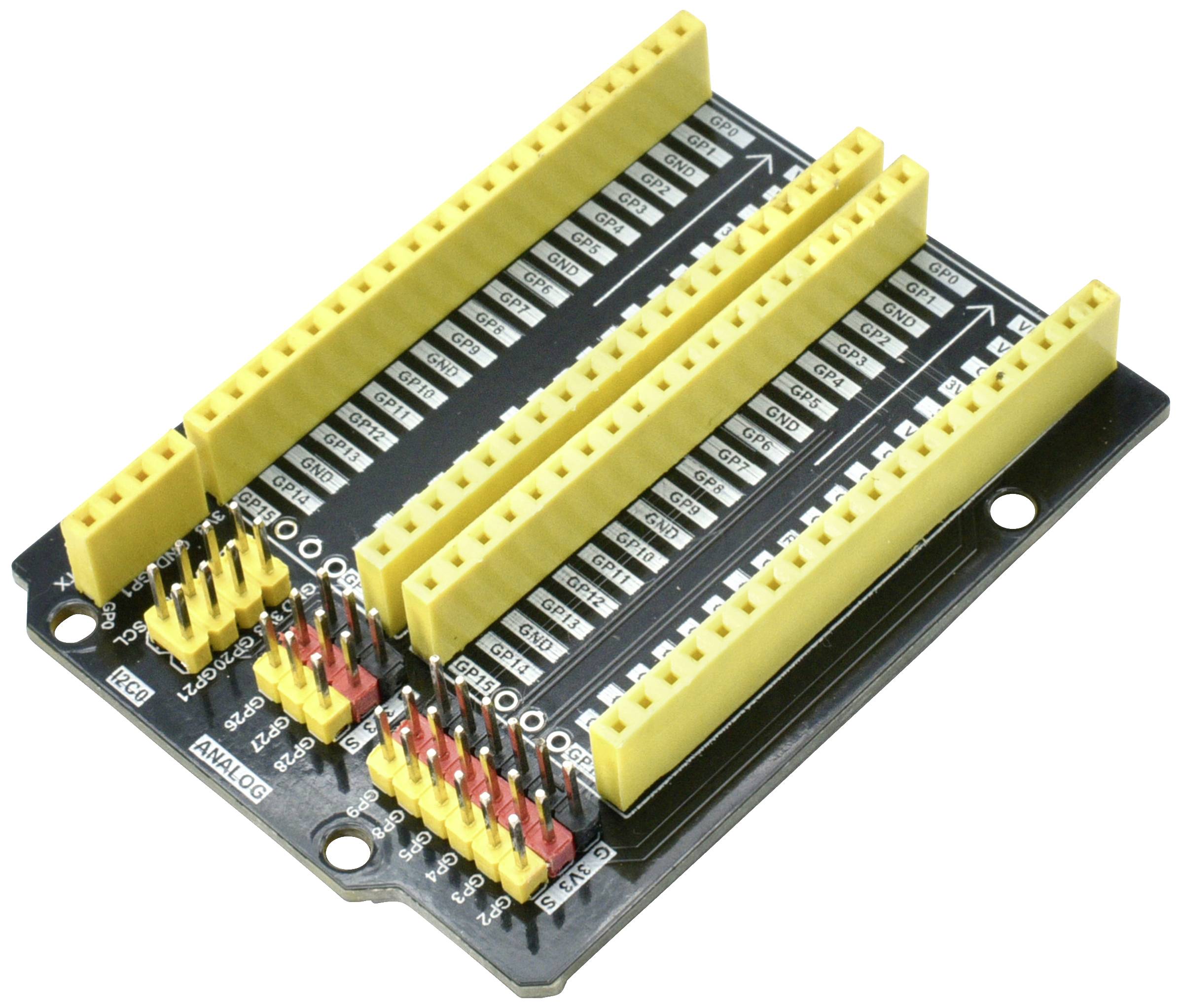 Arduino shield s žltými pripojovacími lištami na čiernej doske, ponúka rozšírené sloty pre dodatočné moduly a senzory.