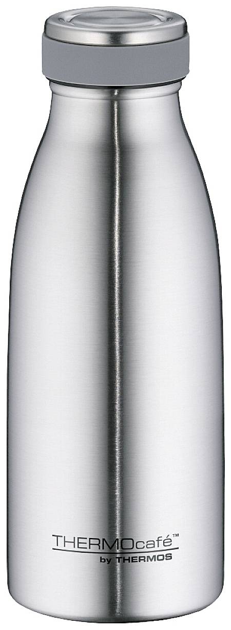 Strieborná termofľaša z nehrdzavejúcej ocele so sivým viečkom, stojí vzpriamene. Nápis: 'THERMOcafé od THERMOS' na spodnej časti.