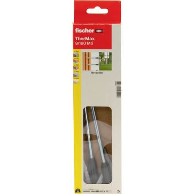 Balenie kotiev fischer TherMax 8/180 M6 na izoláciu stien, ktoré zobrazuje názov produktu, veľkosť a dva kotvy v balení s inštalačným diagramom.