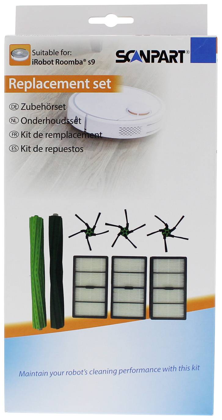 Balenie náhradnej sady dielov pre iRobot Roomba s9, pozostávajúce zo štyroch kief, troch filtrov a dvoch čistiacich nástrojov, určené pre údržbu.