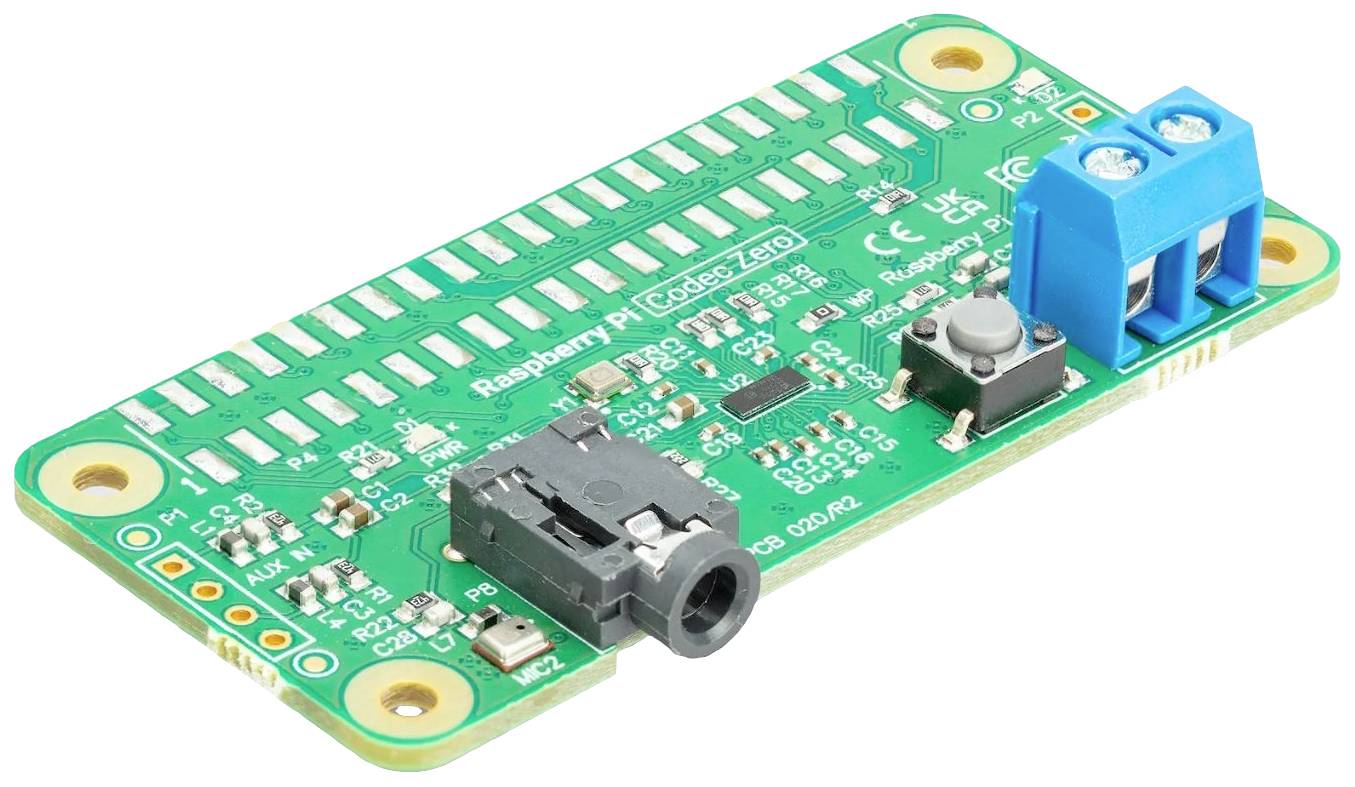 Rozšiřujúca doska Raspberry Pi v zelenej farbe s elektronickými komponentami a konektormi, primárne určená pre spracovanie zvuku.