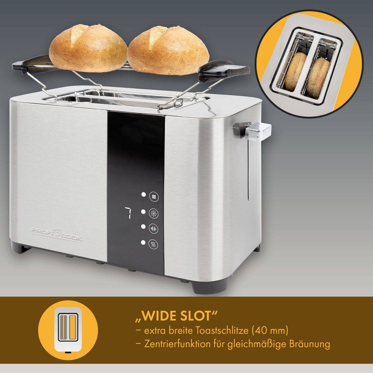 Hriankovač s dvomi otvormi na toasty, hore dva žemľovky. Text: „WIDE SLOT" extra široké toastové otvory (40 mm) a centrované opečenie.