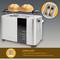 Hriankovač s dvomi otvormi na toasty, hore dva žemľovky. Text: „WIDE SLOT" extra široké toastové otvory (40 mm) a centrované opečenie.