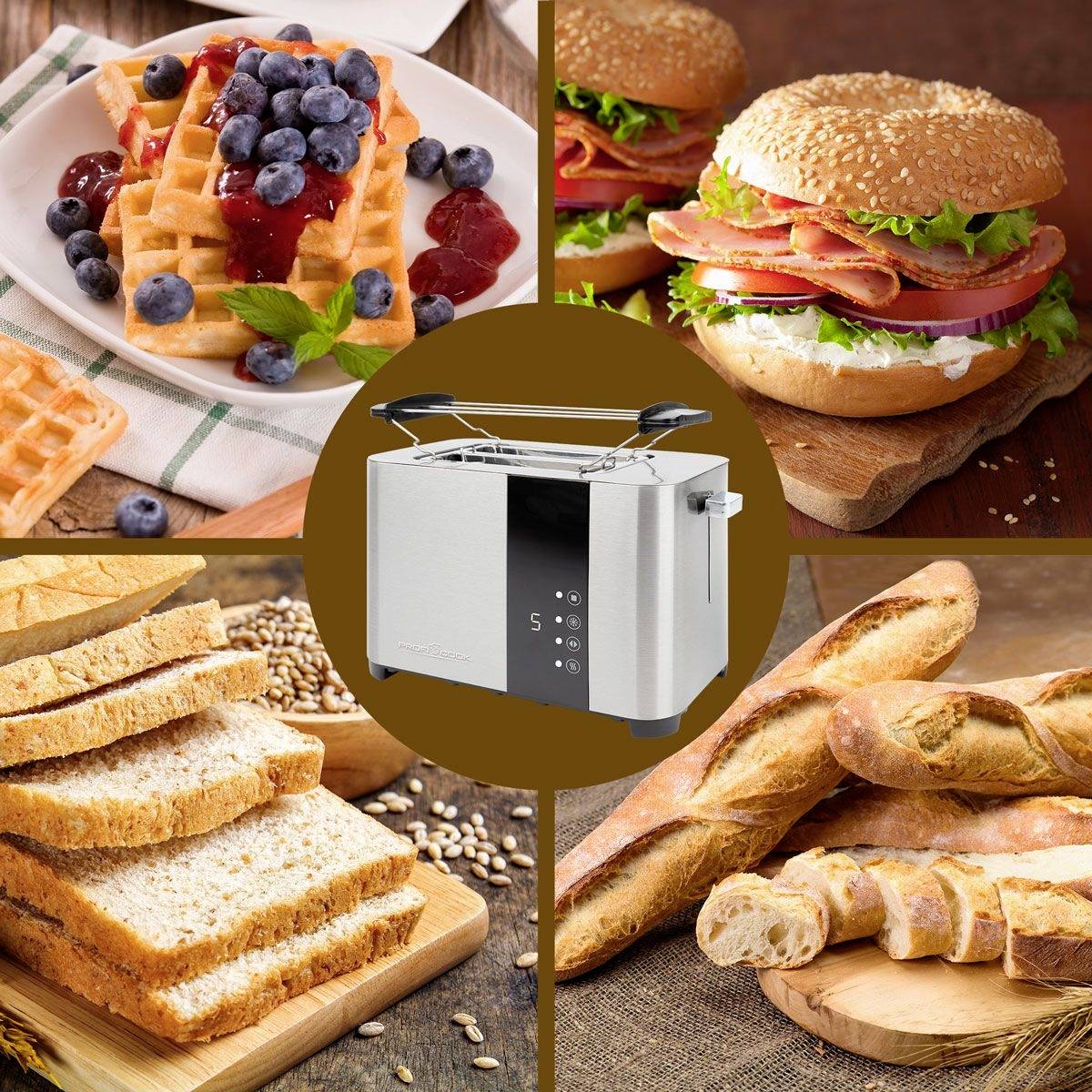 Obrázok s rôznymi potravinami: Wafle s čučoriedkami, hamburger, krájený chlieb a bagety. V strede je umiestnený hriankovač.