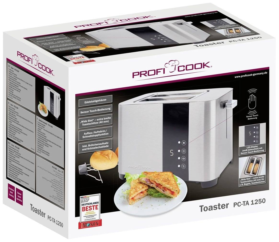 Obal tousteru značky ProfiCook PC-TA 1250, v dizajne nehrdzavejúcej ocele, s dotykovým senzorovým ovládaním a nástavcom na pečivo.