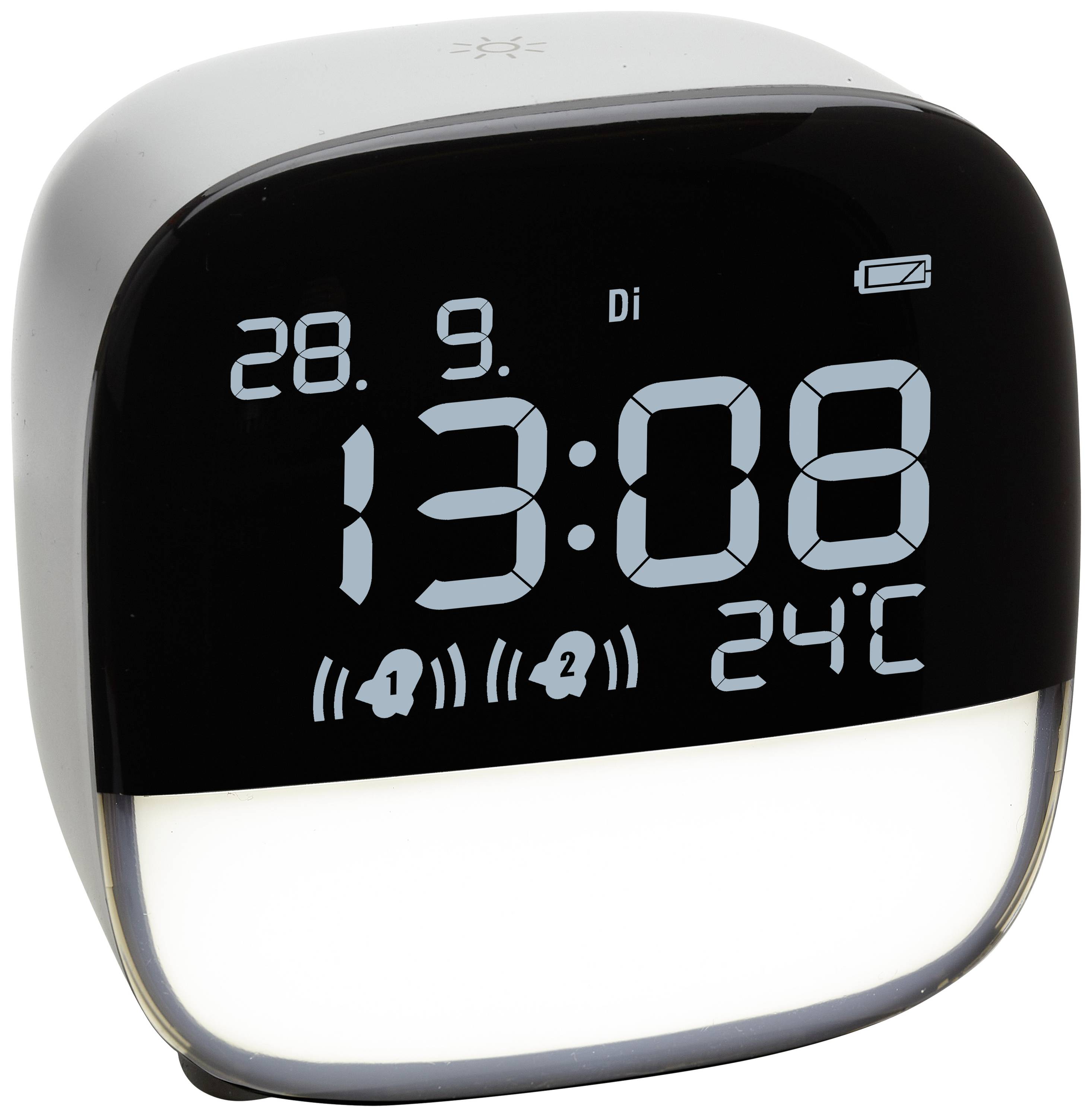 Čierny digitálny budík zobrazuje dátum '28.9.', deň v týždni 'Ut', čas '13:08', teplotu '24°C' a dva indikátory budenia.
