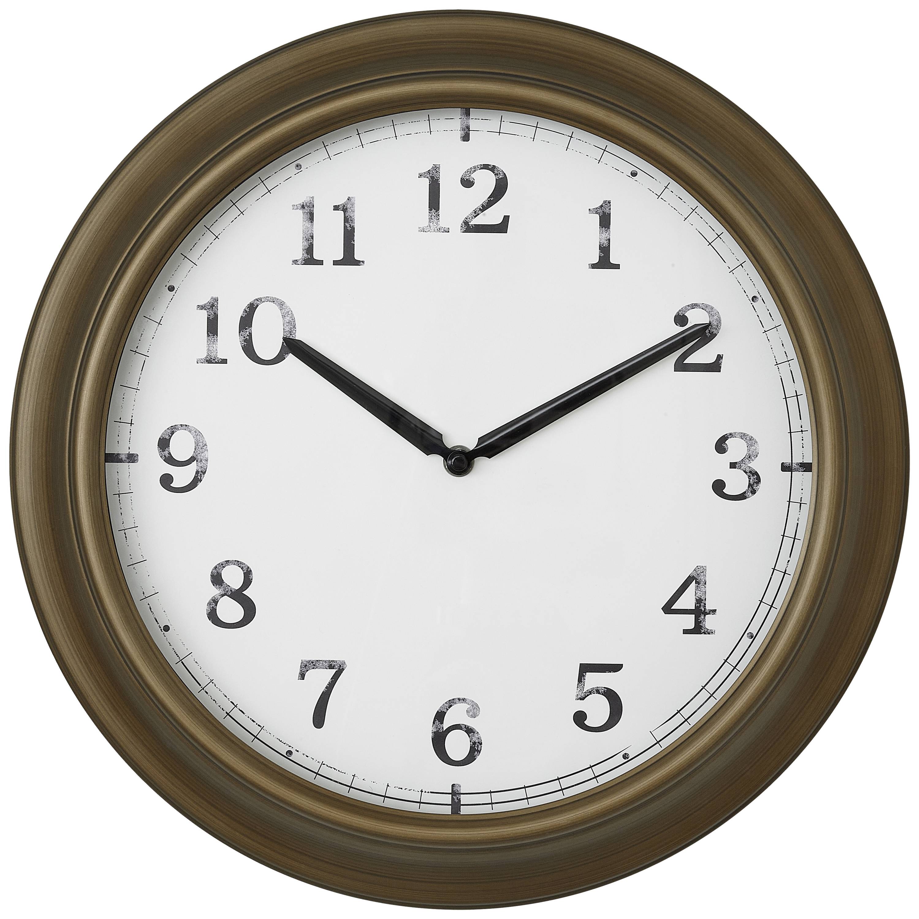 Okrúhle nástenné hodiny s hnedým rámom ukazujú 10:10. Biele ciferníky s čiernymi číslicami a ručičkami.