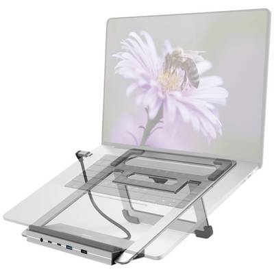 Laptop s obrázkom včely na obrazovke, umiestnený na nastaviteľnom stojane so zabudovanou funkciou správy káblov.