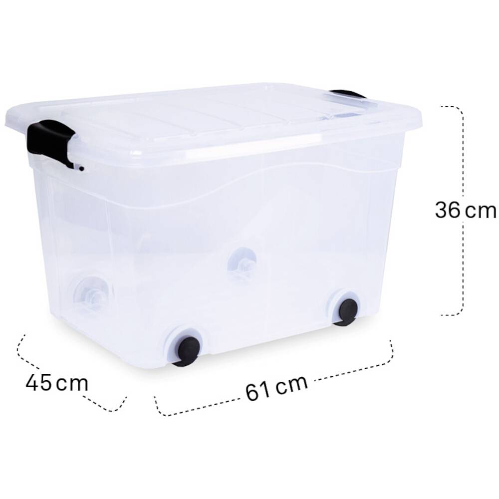 Priehľadný plastový úložný box na kolieskach s čiernou rukoväťou, rozmery: 61 cm dlhý, 45 cm široký, 36 cm vysoký.