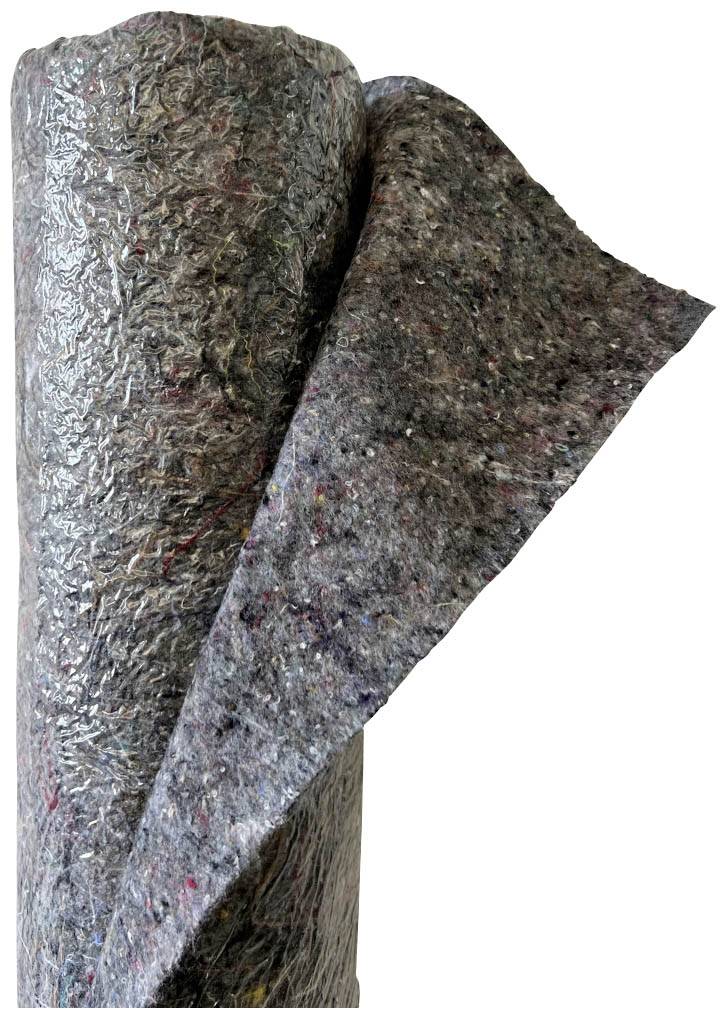 Valček z šedého plsteného materiálu s farebnými vláknami.