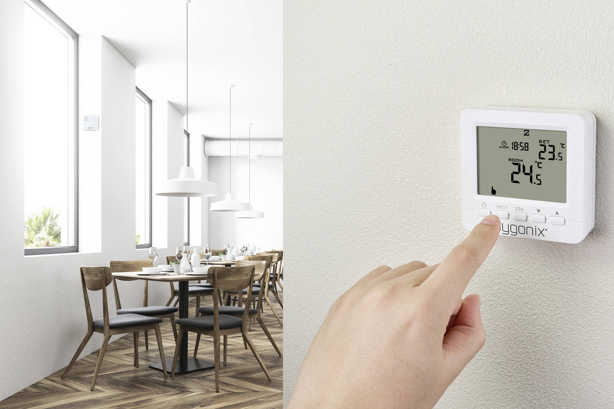 Osoba nastavuje teplotu na stenového termostatu v modernej jedálni na 24,5 stupňov Celzia.