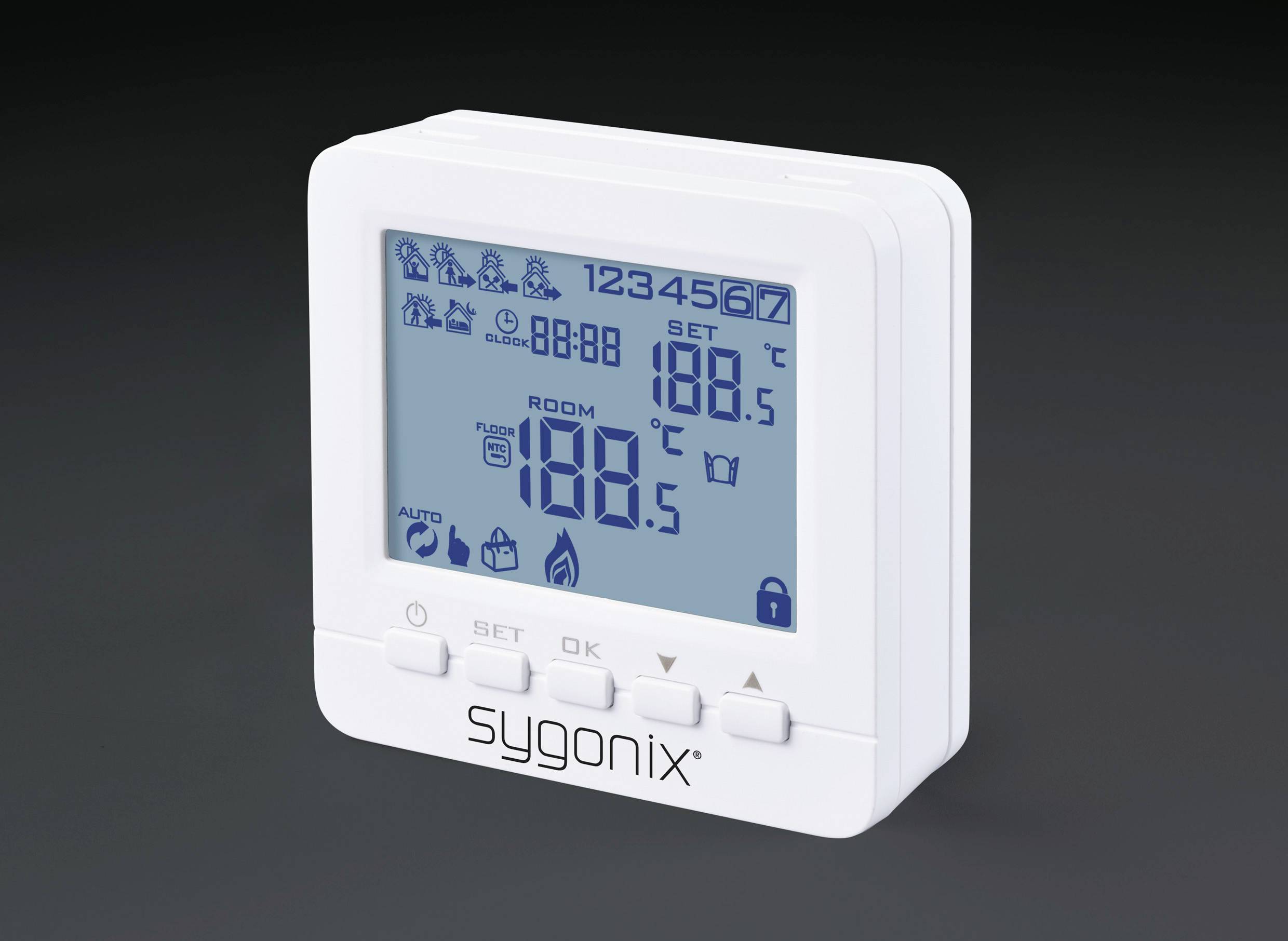 Digitálny termostat s modrým displejom zobrazuje aktuálnu teplotu miestnosti 18,0°C, nastavenú teplotu 18,5°C a symboly nastavení.