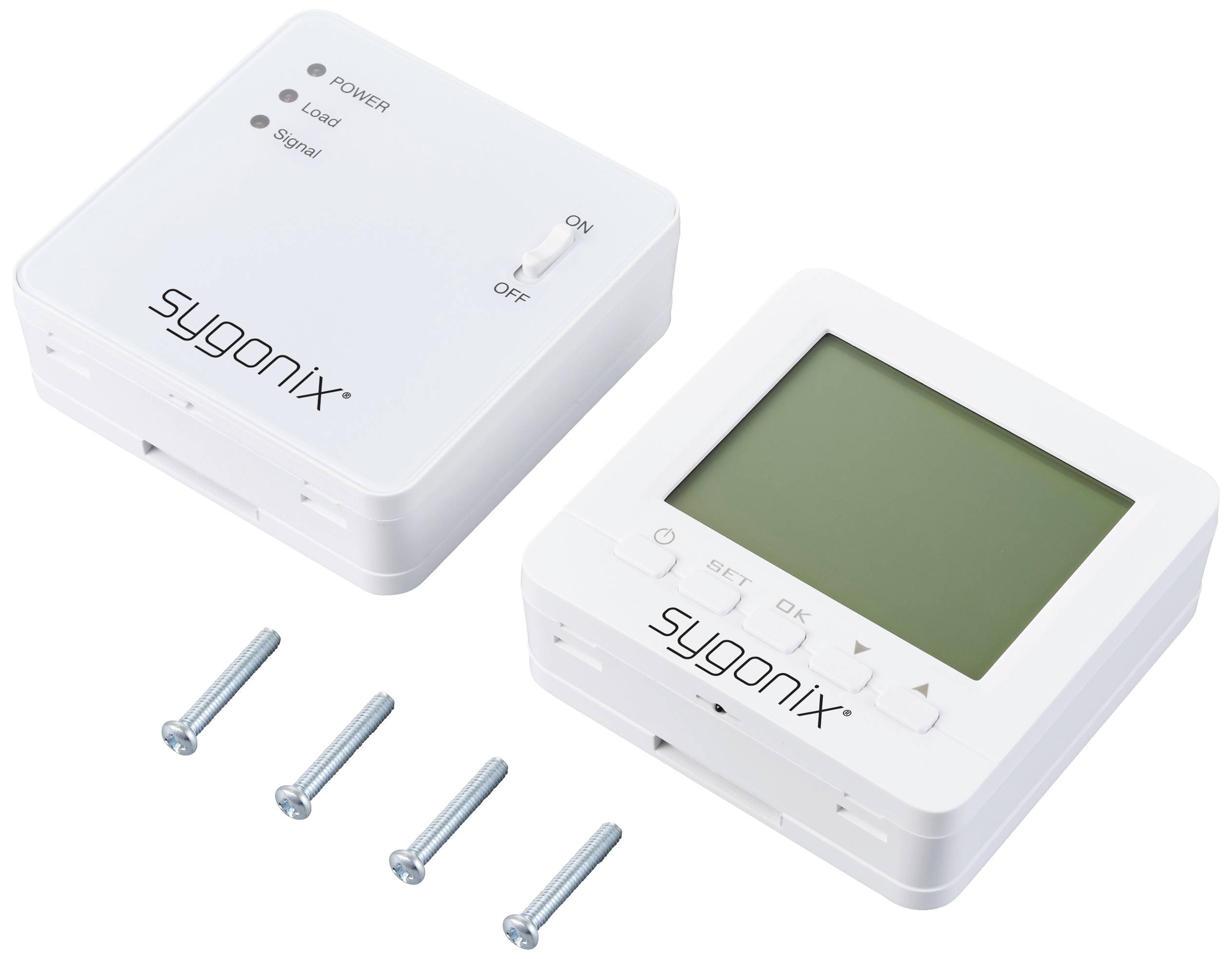 Dva elektronické zariadenia značky Sygonix s LCD displejom. Vľavo zariadenie s indikátormi napájania, vpravo zariadenie s displejom a tlačidlami. Štyri skrutky.
