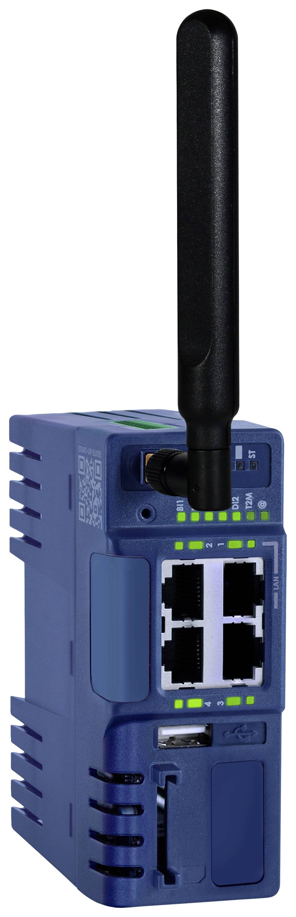 Priemyselný sieťový router s viacerými ethernetovými portami a anténou, vhodný pre bezdrôtovú komunikáciu a sieťové prepojenie.