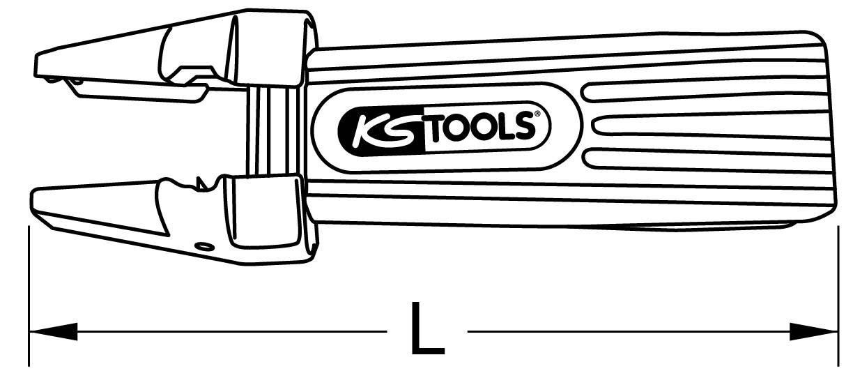 Logo 'KS TOOLS' a nastaviteľný nástroj v bočnom pohľade. Písmeno 'L' označuje meranie dĺžky.