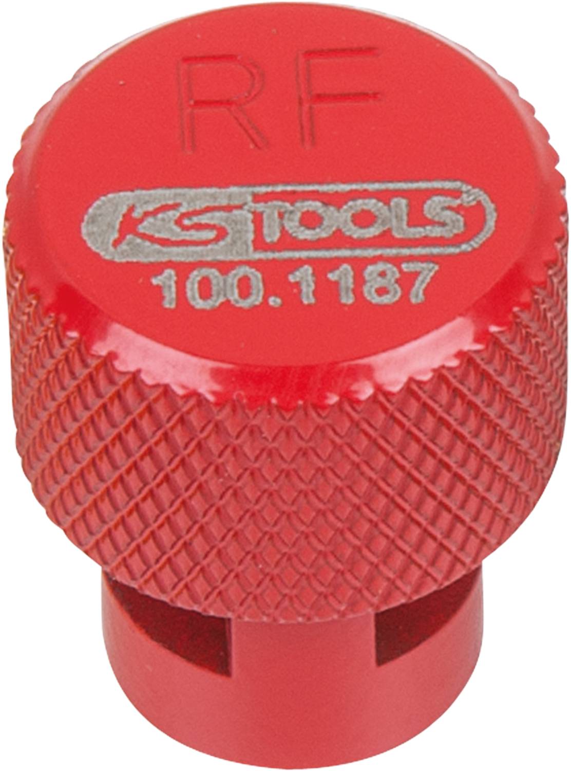 Červený plastový kryt s vytlačeným nápisom 'RF' a 'KS TOOLS 100.1187', s vrúbkovaným povrchom, pravdepodobne súčasť nejakého nástroja.