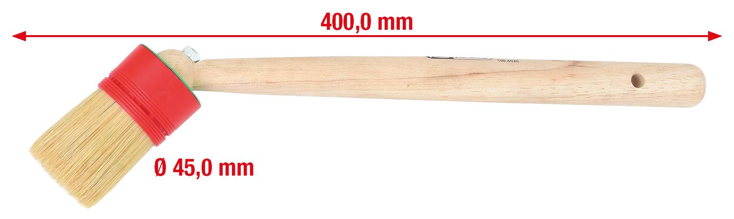 Drevený štetec s červeným plastovým úchytom a okrúhlymi štetinami, 400 mm dlhý, priemer štetín 45 mm.