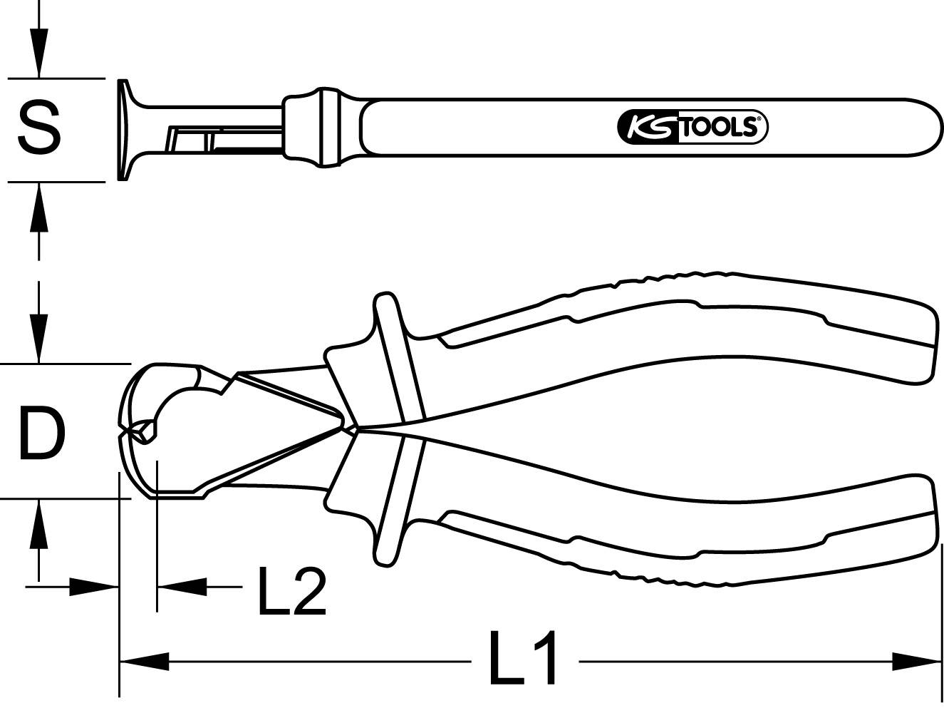 'KS Tools Zange' zobrazuje technický výkres s rozmermi. Výkres obsahuje údaje o dĺžke (L1, L2), vzdialenosti (S) a priemere (D).