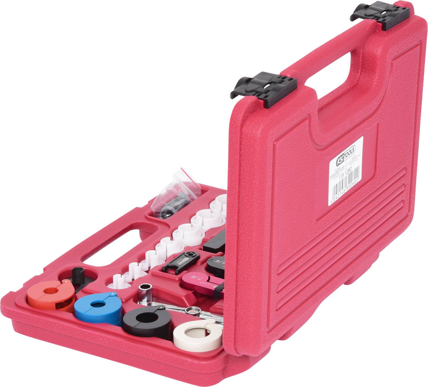 Červený kufrík na náradie s otvoreným vekom, naplnený rôznofarebným náradím a príslušenstvom.