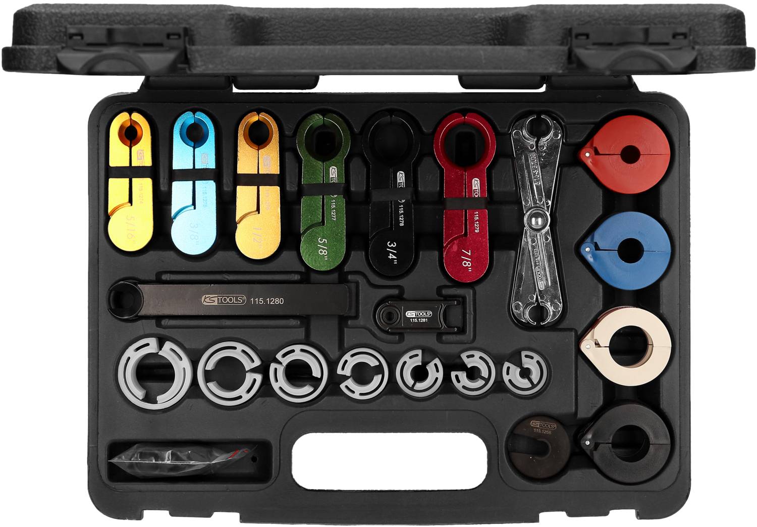 Súprava náradia s presnými nástrojmi, vrátane farebných nastavovacích a sťahovacích nástrojov, usporiadaných v usporiadaných priehradkách.