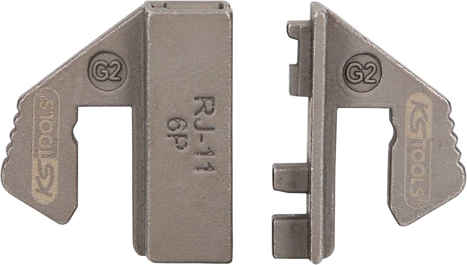 Dva sivé nástroje s nápisom 'RJ-11 6P' a 'KS Tools', pravdepodobne náhradné diely alebo príslušenstvo pre telefónne zásuvky.