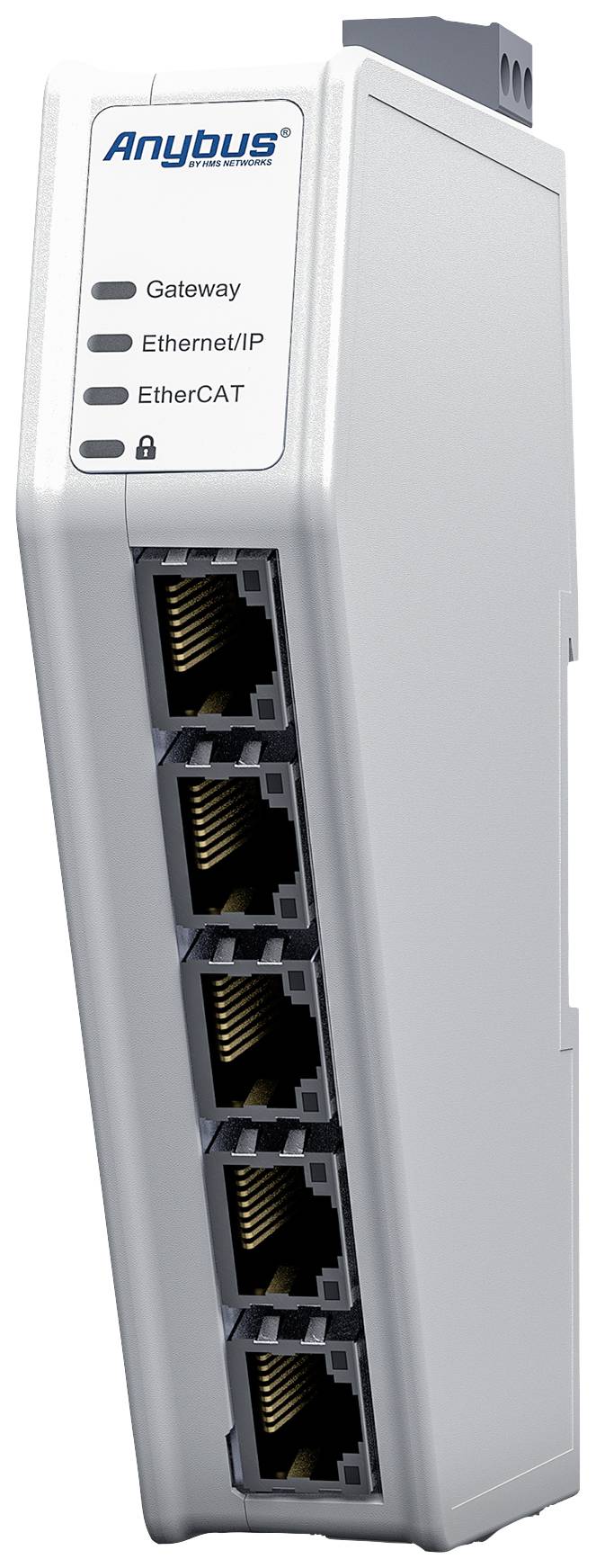 Sieťové zariadenie so šiestimi ethernetovými portami, vpredu s LED indikátormi pre Gateway, Ethernet/IP a EtherCAT. Označené ako 'Anybus'.