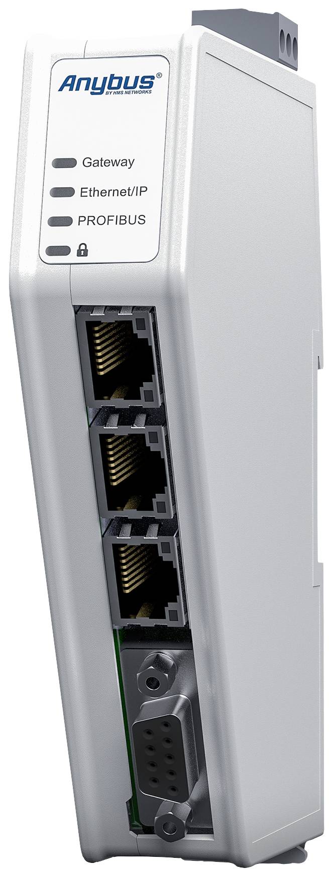 Priemyselné bránové zariadenie Anybus s rozhraním Ethernet/IP a PROFIBUS prípojkami na prepájanie rôznych priemyselných sietí.