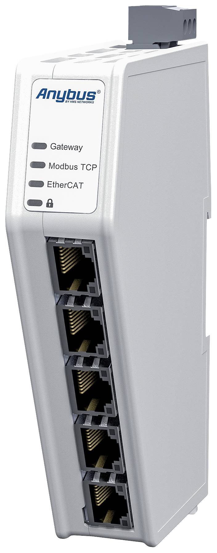 Anybus Gateway s piatimi ethernetovými portami, podporuje protokoly: ModBus TCP a EtherCAT. Biely, úzky dizajn.