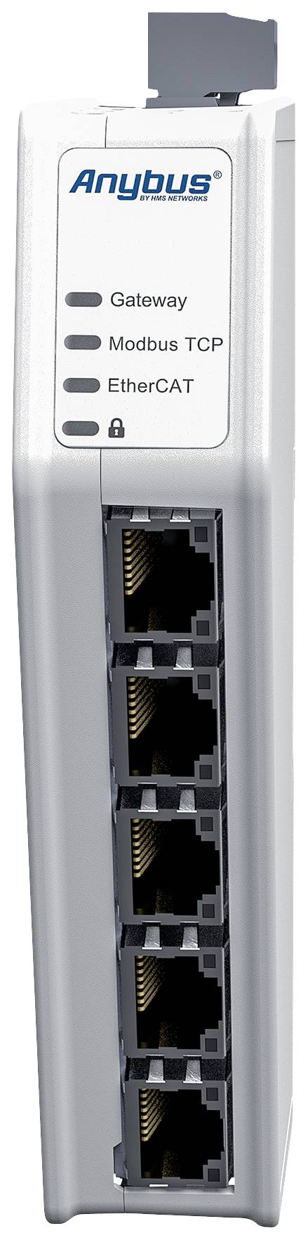 Priemyselné komunikačné sieťové zariadenie s viacerými ethernetovými portami, označované ako 'Anybus', 'Gateway', 'Modbus TCP', 'EtherCAT'.