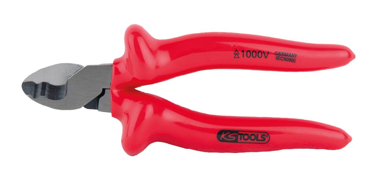 Červené kliešte na káble s izoláciou do 1000V. Rukoväť s čiernym firemným logom 'KS TOOLS', vhodné pre bezpečné elektrické práce.