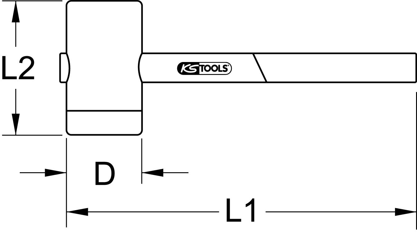 Kresba kladiva s rozmermi L1, L2 a D, s logom 'KS Tools' na rukoväti.