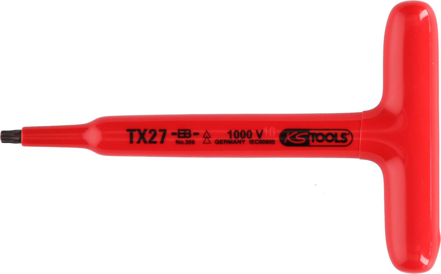 Červený skrutkovač T-rukoväť s nápisom 'TX27 KS TOOLS', vhodný pre práce do 1000V, vyrobený v Nemecku.