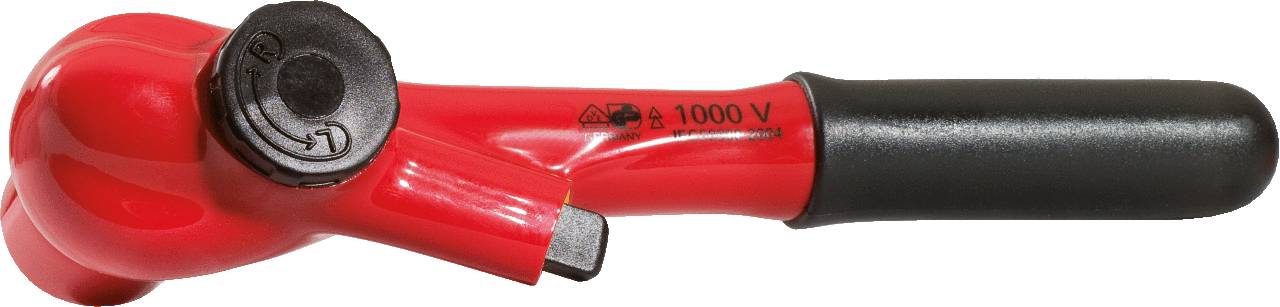 Izolovaný červený kľúč s čiernou rukoväťou, označený štítkom '1000 V', určený na bezpečné použitie pri elektrických prácach.