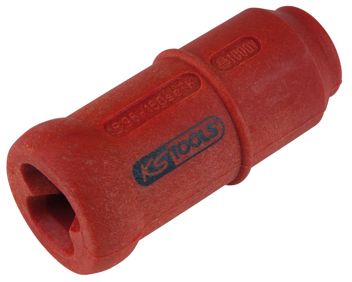 Červený nástroj od KS Tools, tvarovaný ako objímka, pravdepodobne určený na izoláciu alebo predĺženie pripojení v remeselnom kontexte.
