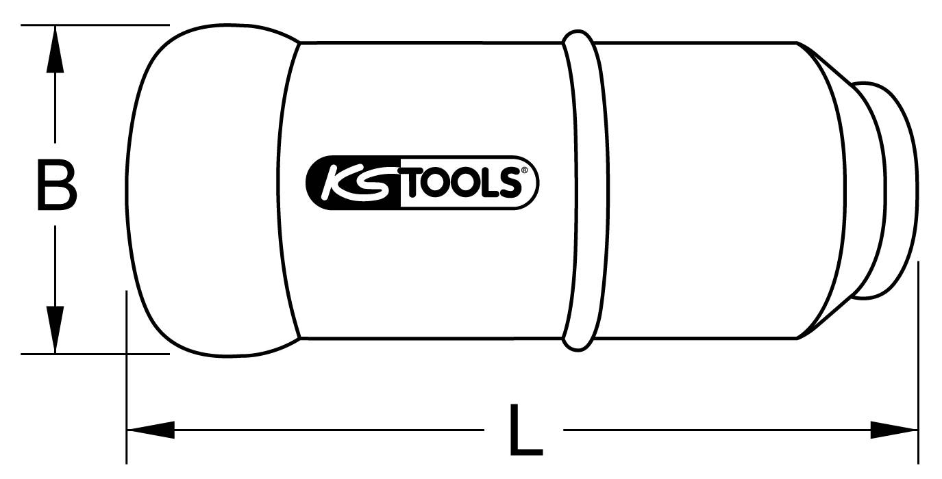Čiernobiela ilustrácia nástroja s nápisom 'KS Tools'. Dĺžka 'L' a šírka 'B' sú vyznačené pomocou šípok.